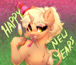 Size: 800x685 | Tagged: safe, artist:cabbage-arts, oc, oc only, classical unicorn, unicorn, semi-anthro, alcohol, arm hooves, champagne, chest fluff, cloven hooves, female, happy new year, hat, holiday, hoof hold, horn, human shoulders, leonine tail, new year, party hat, party horn, solo, unshorn fetlocks, wine