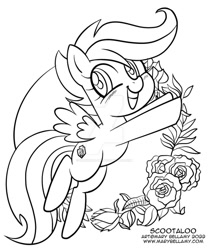 Size: 600x718 | Tagged: safe, artist:marybellamy, scootaloo, pegasus, pony, g4, commission, deviantart watermark, flower, lineart, obtrusive watermark, solo, watermark