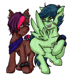 Size: 1200x1300 | Tagged: safe, artist:andras, oc, oc only, oc:cold grave, oc:moonlight gale, earth pony, pegasus, pony, 2022 community collab, derpibooru community collaboration, bandaid, ear piercing, earth pony oc, goth, pegasus oc, piercing, simple background, sporty style, transparent background