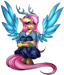 Size: 3463x4049 | Tagged: safe, artist:kimmyartmlp, fluttershy, draconequus, anthro, fanfic:my little pony: the unexpected future, g4, clothes, commissioner:robbieierubino, draconequified, female, flutterequus, simple background, solo, species swap, transparent background