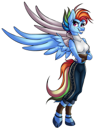 Size: 2984x4016 | Tagged: safe, artist:kimmyartmlp, rainbow dash, pegasus, anthro, unguligrade anthro, fanfic:my little pony: the unexpected future, amputee, artificial wings, augmented, clothes, cloven hooves, commission, commissioner:robbieierubino, crossed arms, female, pants, prosthetic limb, prosthetic wing, prosthetics, simple background, solo, transparent background, wings