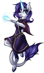 Size: 2574x4283 | Tagged: safe, artist:kimmyartmlp, rarity, unicorn, anthro, unguligrade anthro, fanfic:my little pony: the unexpected future, g4, commission, commissioner:robbieierubino, eyepatch, female, glowing, glowing hands, glowing horn, horn, leonine tail, magic, simple background, solo, tail, transparent background