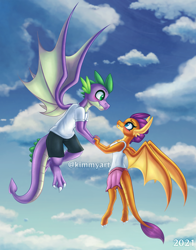 Size: 2346x2985 | Tagged: safe, artist:kimmyartmlp, smolder, spike, dragon, anthro, g4, clothes, cloud, commission, commissioner:megamchughx, dragoness, duo, female, flying, high res, male, ship:spolder, shipping, shirt, shorts, skirt, sky, straight, tank top, winged spike, wings