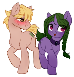 Size: 700x725 | Tagged: safe, artist:cabbage-arts, oc, oc only, earth pony, pony, unicorn, blushing, duo, earth pony oc, female, horn, male, oc x oc, open mouth, shipping, simple background, straight, transparent background, unicorn oc