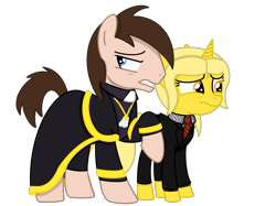 Size: 2732x2048 | Tagged: safe, artist:awgear, oc, oc only, oc:goldmare, oc:polished gear, earth pony, pony, unicorn, 2022 community collab, derpibooru community collaboration, clothes, female, high res, male, mare, show accurate, simple background, stallion, transparent background