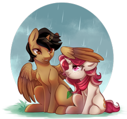 Size: 800x752 | Tagged: safe, artist:cabbage-arts, oc, oc only, alicorn, pony, unicorn, alicorn oc, commission, commissioner:red palette, duo, female, grass, horn, male, partial background, rain, simple background, transparent background, unicorn oc, wings, ych result