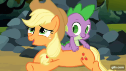 Size: 640x360 | Tagged: safe, screencap, applejack, spike, dragon, earth pony, pony, g4, season 3, spike at your service, animated, applejack's hat, back scratching, butt scratch, cowboy hat, cute, duo, female, gif, gifs.com, hat, jackabetes, male, mane, mare, massage, watermark