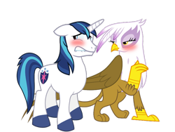 Size: 800x600 | Tagged: safe, artist:firestorm-can, artist:koraluch, edit, vector edit, gilda, shining armor, griffon, pony, unicorn, g4, alternate universe, blushing, female, gildarmor, husband and wife, male, shipping, simple background, straight, transparent background, vector