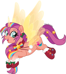 Size: 3552x4000 | Tagged: safe, artist:limedazzle, part of a set, sunny starscout, alicorn, pony, g5, my little pony: a new generation, christmas, clothes, holiday, mane stripe sunny, open mouth, race swap, simple background, socks, solo, sunnycorn, transparent background