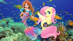 Size: 1024x577 | Tagged: safe, artist:user15432, fluttershy, fish, mermaid, pegasus, pony, seapony (g4), g4, my little pony: the movie, 1000 years in photoshop, bubble, crossover, fin wings, finly (mermaid high), fins, fish tail, mermaid high, mermaid tail, seaponified, seapony fluttershy, species swap, tail, underwater, wings