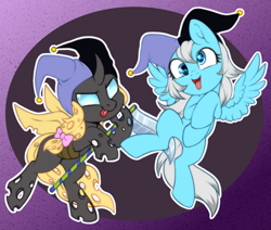 Size: 800x677 | Tagged: safe, artist:cabbage-arts, oc, oc only, changeling, pegasus, pony, changeling oc, commission, commissioner:decorafluff, cute, derp, duo, female, hat, jester, jester hat, jevil, pegasus oc, silly, silly pony, tongue out, yellow changeling
