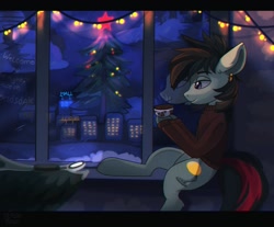 Size: 1750x1450 | Tagged: safe, artist:freak-side, oc, oc only, earth pony, pony, christmas, christmas tree, clothes, ear piercing, holiday, lidded eyes, mug, piercing, reflection, sitting, smiling, snow, solo, string lights, sweater, tree, windowsill, winter