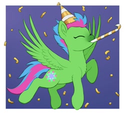 Size: 938x852 | Tagged: safe, artist:luminousdazzle, luminous dazzle, pegasus, pony, chest fluff, confetti, eyes closed, female, hat, lumibetes, mare, party hat, party horn, solo, spread wings, wings