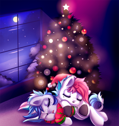 Size: 900x955 | Tagged: safe, artist:cabbage-arts, oc, oc only, pony, christmas, christmas tree, commission, commissioner:odd.owo, cuddling, cute, duo, eyes closed, female, hat, holiday, night, santa hat, sleeping, tree, ych result