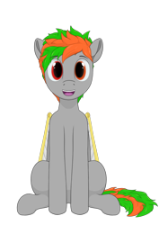 Size: 2480x3508 | Tagged: safe, artist:laykeen, derpibooru exclusive, oc, oc:oples, pegasus, pony, 2022 community collab, derpibooru community collaboration, amputee, artificial wings, augmented, folded wings, grey fur, happy, heterochromia, high res, prosthetic limb, prosthetic wing, prosthetics, simple background, simple shading, sitting, solo, transparent background, wings