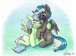 Size: 3566x2658 | Tagged: safe, artist:dandy, oc, oc only, oc:sweet lilac, oc:thunder breeze, pegasus, pony, :3, blushing, colored pencil drawing, commission, cute, duo, ear fluff, eyes closed, female, floppy ears, high res, hug, male, pegasus oc, signature, sitting, smiling, traditional art, wings