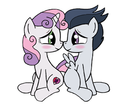 Size: 2423x2095 | Tagged: safe, artist:lunaticdawn, rumble, sweetie belle, pegasus, pony, unicorn, g4, blushing, boop, colt, cute, cutie mark, eye contact, female, filly, foal, high res, looking at each other, looking at someone, male, ship:rumbelle, shipping, simple background, sitting, smiling, straight, transparent background