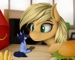 Size: 3000x2400 | Tagged: safe, artist:palibrik, applejack, oc, earth pony, pony, unicorn, g4, burger, duo, fast food, female, food, french fries, happy meal, hay burger, high res, horn, mcdonald's, micro, unicorn oc