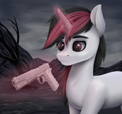 Size: 3000x2800 | Tagged: safe, artist:palibrik, oc, oc only, oc:blackjack, pony, unicorn, fallout equestria, fallout equestria: project horizons, fanfic art, female, glowing, glowing horn, gun, high res, horn, m1911, magic, solo, telekinesis, unicorn oc, wasteland, weapon