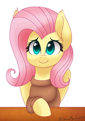 Size: 1870x2650 | Tagged: safe, artist:greenmarta, fluttershy, pegasus, pony, g4, clothes, cute, female, looking at you, shyabetes, simple background, smiling, smiling at you, solo, sweater, sweatershy, white background