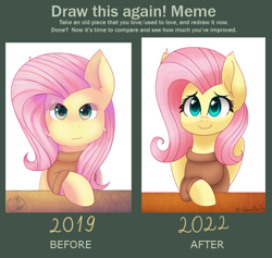 Size: 784x744 | Tagged: safe, artist:greenmarta, fluttershy, pegasus, pony, g4, clothes, comparison, draw this again, female, redraw, sweater, sweatershy