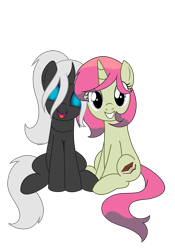 Size: 1400x2000 | Tagged: safe, artist:cdv, derpibooru exclusive, oc, oc only, oc:dragonfly, oc:spicy flavor, changeling, pony, unicorn, 2022 community collab, derpibooru community collaboration, changeling oc, curved horn, duo, female, grin, horn, looking at you, mare, open mouth, open smile, simple background, sitting, smiling, smiling at you, tail, transparent background, two toned tail, unicorn oc