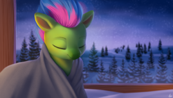 Size: 2560x1440 | Tagged: safe, artist:luminousdazzle, luminous dazzle, pegasus, pony, blanket, cozy, eyes closed, female, forest, mare, night, scenery, sleepy, snow, solo, window