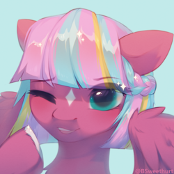 Size: 1800x1800 | Tagged: safe, artist:anku, oc, oc only, pegasus, pony, blue background, bust, coat markings, colored hooves, cyan background, eye clipping through hair, eyebrows, eyebrows visible through hair, facial markings, female, hoof fluff, looking at you, mare, multicolored mane, one eye closed, open mouth, open smile, short mane, simple background, smiling, smiling at you, solo, star (coat marking)