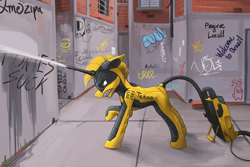 Size: 2400x1600 | Tagged: safe, artist:miramore, sunset shimmer, oc, oc:tekna, object pony, original species, pony, robot, robot pony, unicorn, 2022, alley, alleyway, amogus, among us, angry, blast, brazil, city, cleaning, english, focused, graffiti, gray background, gritted teeth, inside joke, leaning forward, machine, meme, outdoors, ponified, portuguese, pressure washer, pressure washing, signature, simple background, solo, sus (among us), text, washing, water