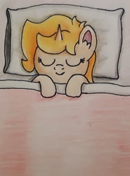 Size: 1480x2005 | Tagged: safe, artist:pastelsplash, oc, oc only, oc:finnian s., pony, unicorn, bed, femboy, male, sleeping, traditional art