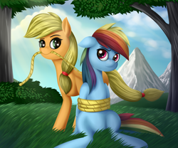 Size: 1920x1600 | Tagged: safe, artist:palibrik, applejack, rainbow dash, earth pony, pegasus, pony, g4, bondage, duo, female, mountain, mouth hold, rope, rope bondage, scenery, sitting, tree