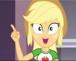 Size: 614x499 | Tagged: safe, edit, edited screencap, screencap, applejack, human, diy with applejack, equestria girls, g4, my little pony equestria girls: better together, applejack's hat, clothes, collar, cowboy hat, finger, happy, hat, humanized, idea, open mouth, open smile, pointing, pointing up, shirt, smiling, t-shirt, teenager