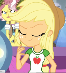 Size: 492x547 | Tagged: safe, edit, edited screencap, screencap, applejack, equestria girls, g4, applejack's hat, clothes, collar, cowboy hat, eyes closed, female, hat, humanized, muscles, ponytail, shirt, smiling, smirk, smug, t-shirt, teenager