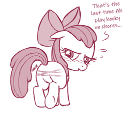 Size: 648x608 | Tagged: safe, artist:nekostar, edit, apple bloom, earth pony, pony, g4, apple bloom's bow, blushing, bow, butt, chores, corporal punishment, featureless crotch, female, filly, foal, hair bow, irresponsible, plot, punishment, raised tail, reddened butt, spank mark, spanked, speech, striped rump, tail, talking, text, throbbing