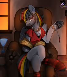 Size: 2600x2968 | Tagged: safe, artist:brainiac, oc, oc only, oc:anti-lag, pegasus, pony, book, chair, chest fluff, clothes, commission, crossed legs, female, high res, jewelry, lidded eyes, looking at you, mare, necklace, shirt, sitting, smiling, smiling at you, socks, solo, striped socks, tiktok, time-lapse included, underhoof