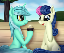 Size: 1280x1067 | Tagged: safe, artist:palibrik, bon bon, lyra heartstrings, sweetie drops, earth pony, pony, unicorn, g4, bench, duo, engagement ring, female, jewelry, lesbian, marriage proposal, open mouth, ring, ship:lyrabon, shipping