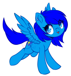 Size: 750x801 | Tagged: safe, artist:cabbage-arts, oc, oc only, oc:static, pegasus, pony, blue mane, blue tail, commission, commissioner:staticpegasus, ear piercing, eye clipping through hair, female, full body, mare, open mouth, open smile, pegasus oc, piercing, simple background, smiling, solo, spread wings, tail, white background, wings