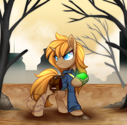 Size: 900x884 | Tagged: safe, artist:cabbage-arts, oc, oc only, oc:slypai, pony, unicorn, fallout equestria, bag, clothes, commission, commissioner:slypai, female, freckles, jumpsuit, pipbuck, raised hoof, saddle bag, solo, vault suit, wasteland