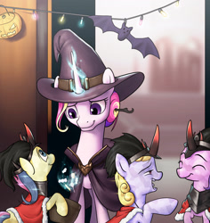 Size: 1933x2048 | Tagged: safe, artist:amarthgul, princess cadance, oc, alicorn, crystal pony, pony, g4, clothes, costume, foal, hat, magic, nightmare night costume, witch hat