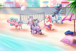 Size: 1024x690 | Tagged: safe, artist:cabbage-arts, oc, bat pony, earth pony, hippogriff, pony, unicorn, bat pony oc, beach, commission, commissioner:jaegerpony, earth pony oc, female, hippogriff oc, horn, male, sports, unicorn oc, volleyball, water