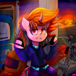 Size: 3040x3040 | Tagged: safe, artist:mjsw, oc, oc only, oc:majuvelliy, pony, unicorn, clothes, female, gas station, high res, mare, motorcycle, piercing, smoking, solo, sunset