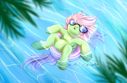 Size: 1000x653 | Tagged: safe, artist:cabbage-arts, oc, oc only, pegasus, pony, commission, eyes closed, female, floaty, inner tube, lying down, on back, pegasus oc, pool toy, solo, sunglasses, ych result