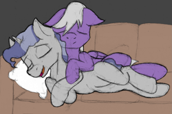 Size: 1703x1141 | Tagged: safe, artist:sefastpone, silver script, star bright, pegasus, pony, unicorn, g4, colored sketch, couch, cuddling, eyes closed, gay, male, pillow, shipping, smiling, stallion, starscript