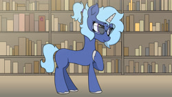Size: 3840x2160 | Tagged: safe, artist:straighttothepointstudio, oc, pony, unicorn, g5, my little pony: a new generation, among us, book, bookshelf, crewmate (among us), digital art, ear fluff, female, freckles, glasses, high res, hoof on chest, library, mare, ponytail, smiling, solo, unshorn fetlocks