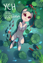 Size: 1300x1900 | Tagged: safe, artist:nazori, oc, oc only, fish, pony, bald, cattails, commission, featureless crotch, lilypad, lying down, on back, outdoors, pond, reeds, solo, water, your character here