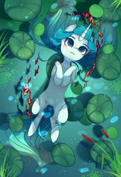 Size: 1300x1900 | Tagged: safe, alternate character, alternate version, artist:nazori, oc, oc only, fish, pony, unicorn, cattails, commission, featureless crotch, horn, lilypad, lying down, on back, outdoors, pond, reeds, solo, unicorn oc, water, ych result