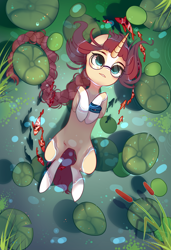 Size: 1300x1900 | Tagged: safe, alternate character, alternate version, artist:nazori, oc, oc only, fish, pony, unicorn, cattails, commission, featureless crotch, horn, lilypad, lying down, on back, outdoors, pond, reeds, solo, unicorn oc, water, ych result