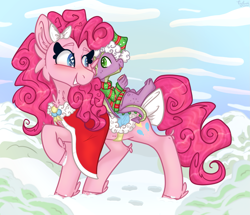 Size: 1915x1648 | Tagged: safe, artist:tizhonolulu, pinkie pie, spike, dragon, earth pony, pony, g4, blushing, bow, bush, christmas, clothes, cloud, cookie, duo, food, hat, holiday, raised hoof, santa hat, sky, snow, sweater, winged spike, wings