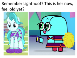 Size: 1000x750 | Tagged: safe, edit, edited screencap, screencap, lighthoof, 2 4 6 greaaat, g4, cane, caption, cheerleader, cheerleader outfit, clothes, feel old yet?, image macro, meme, pom pom, really old edith, text, unikitty!, walking stick