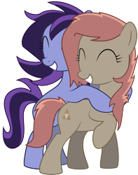 Size: 1092x1388 | Tagged: safe, artist:pootanger_sfm, oc, oc only, oc:atari, oc:raven storm, earth pony, pony, 2022 community collab, derpibooru community collaboration, earth pony oc, eyes closed, grin, hug, hug from behind, png, show accurate, simple background, smiling, transparent background